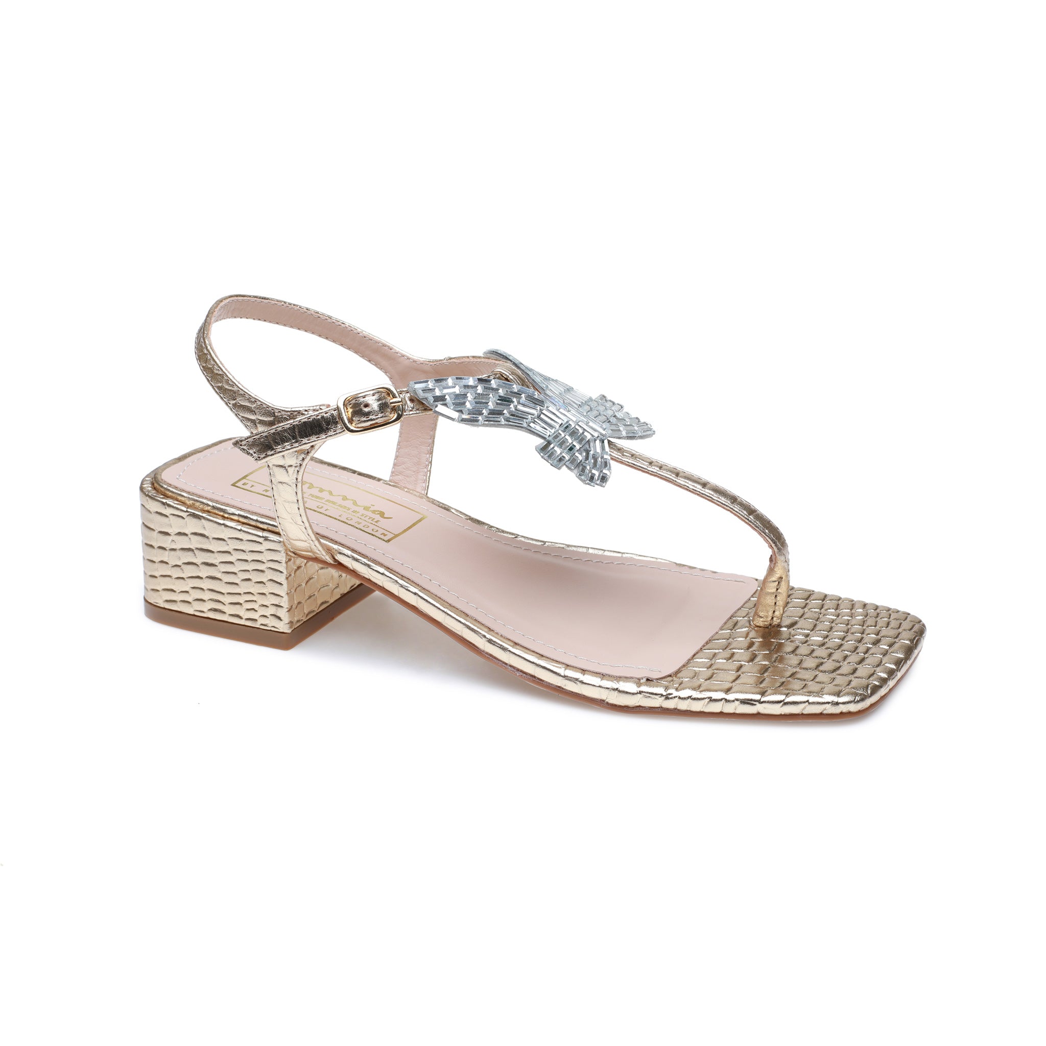 Gold Crocodile Jewelled T-Strap