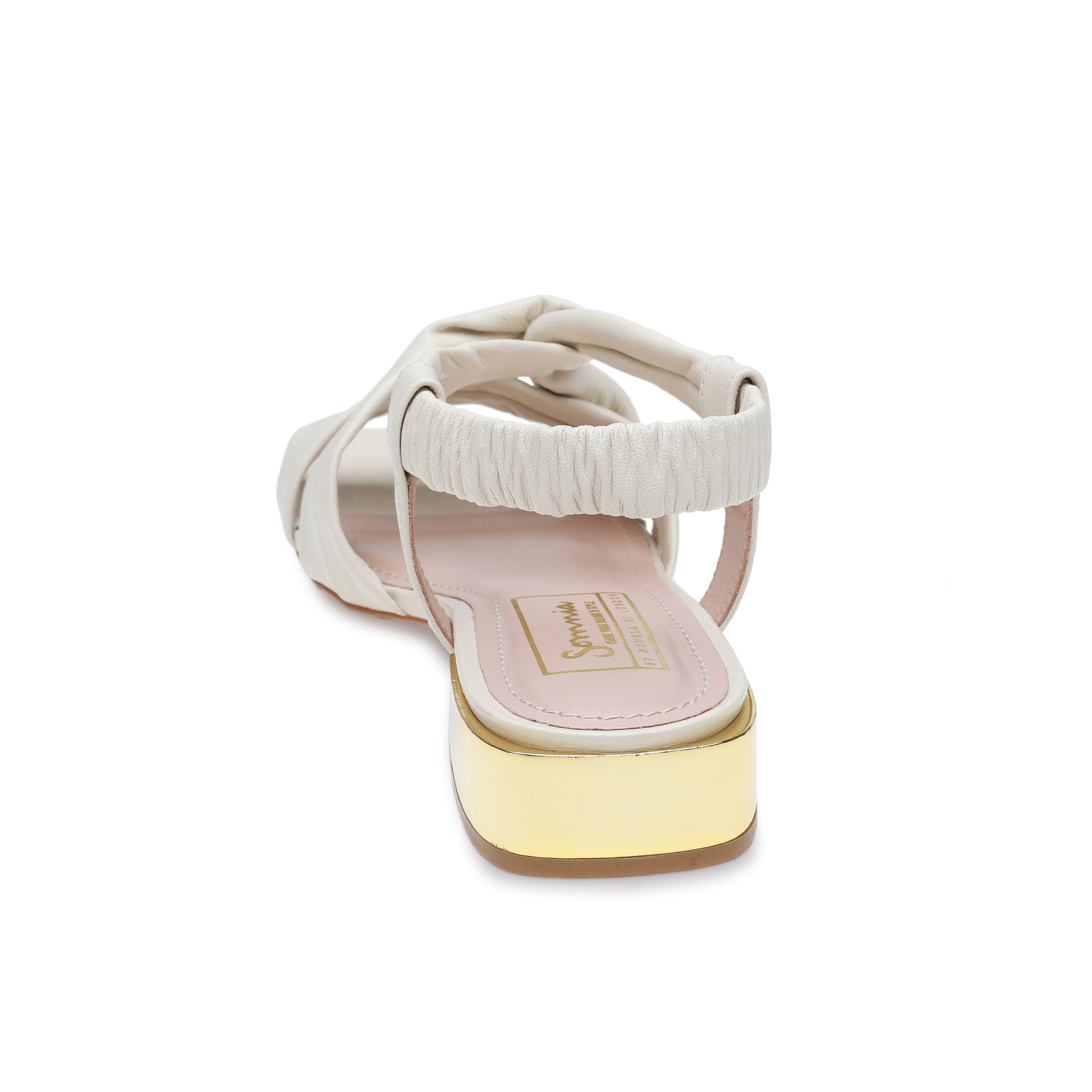 Off White Leather Cross Over Sandals with Gold Heel