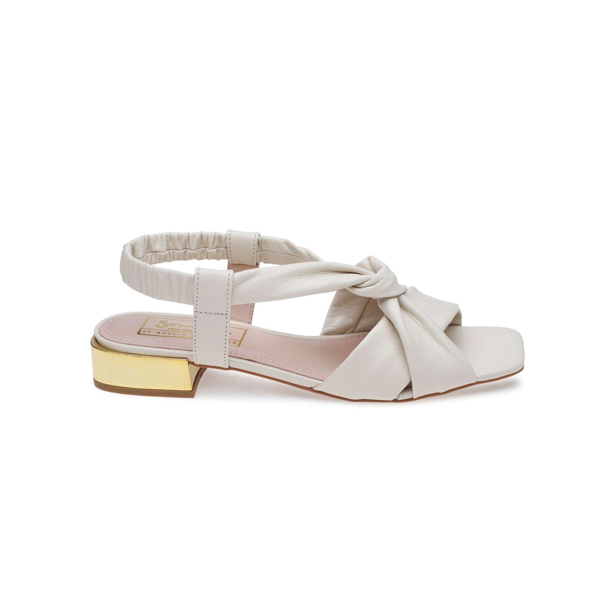 Off White Leather Cross Over Sandals with Gold Heel