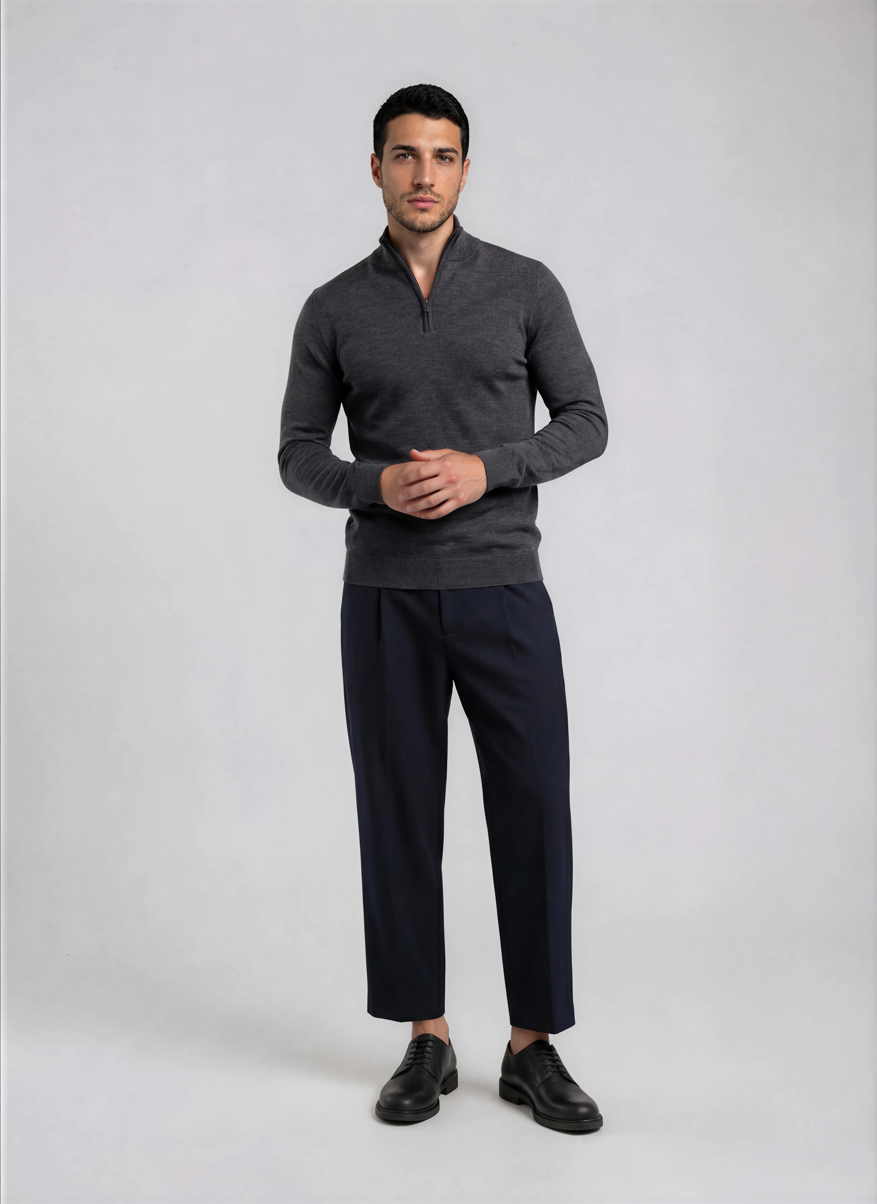 Men’s Extra-Fine Merino Wool Quarter-Zip Sweater — Charcoal Grey