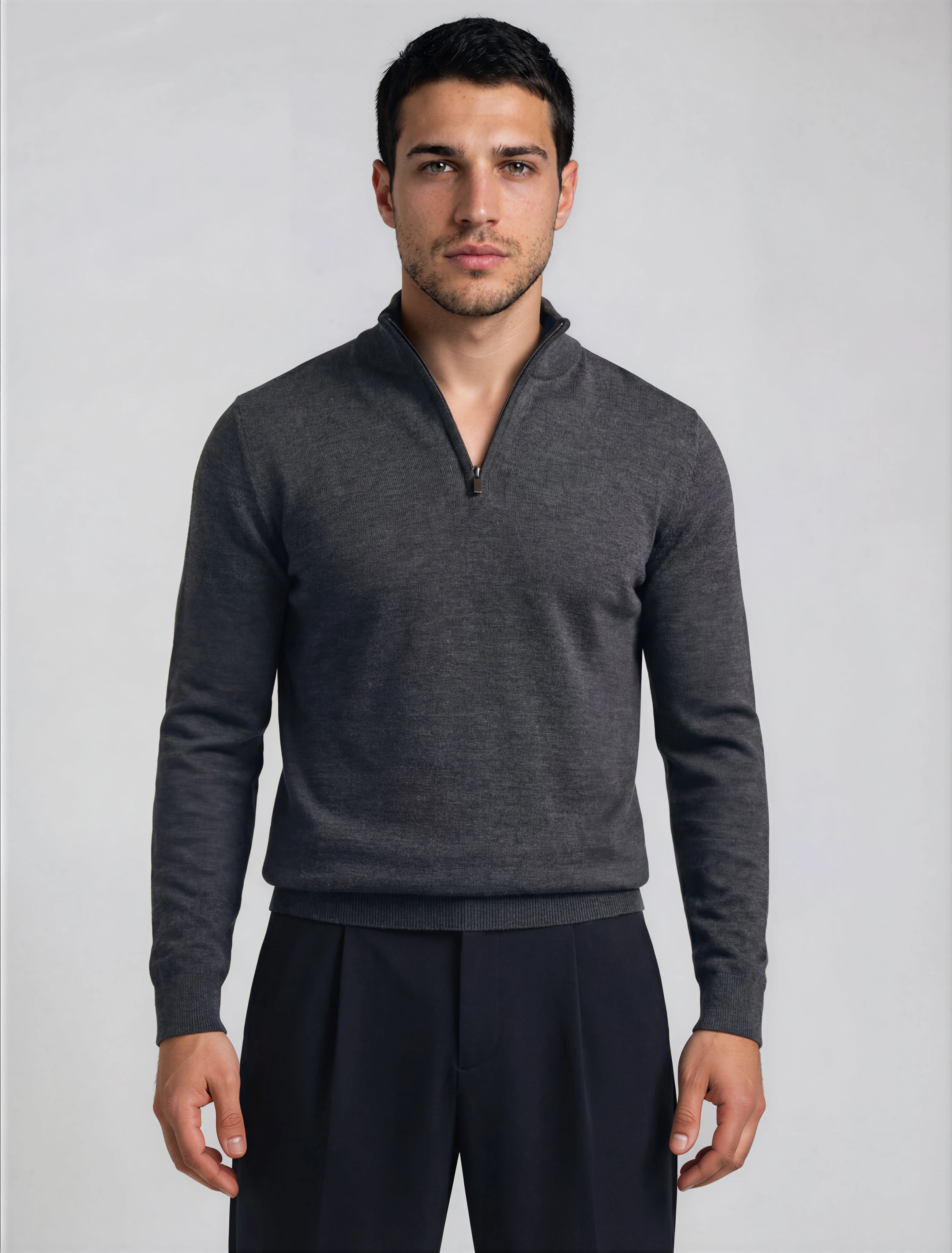 Men’s Extra-Fine Merino Wool Quarter-Zip Sweater — Charcoal Grey