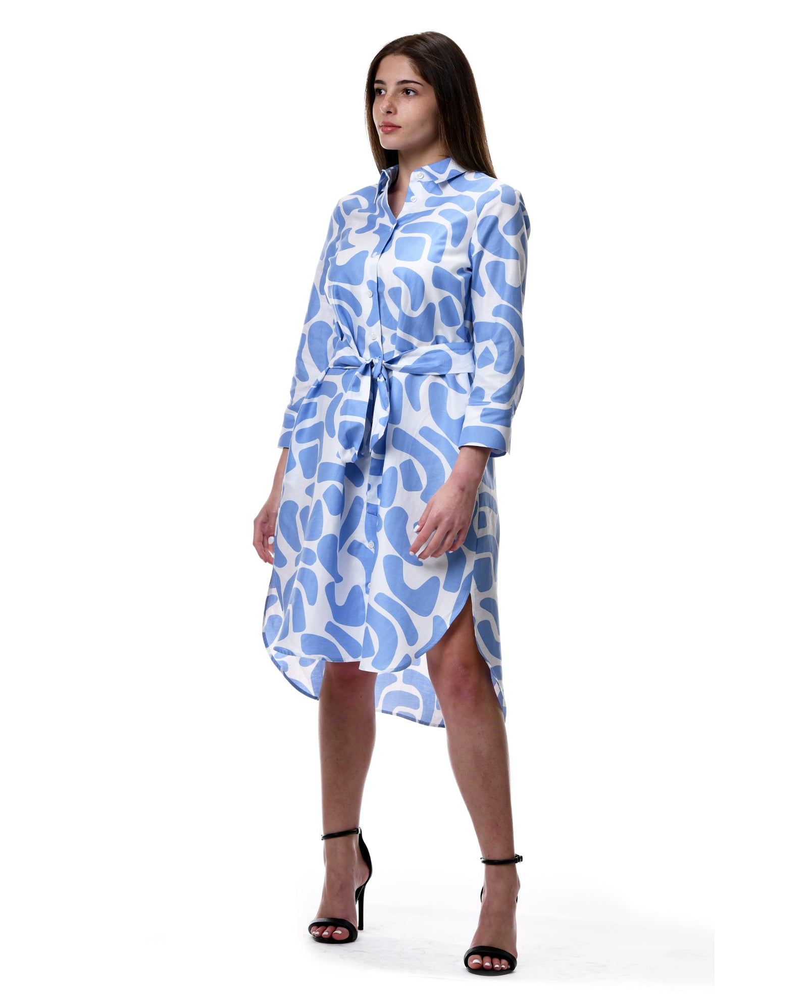 abbis blue dress broad city V-Neck Belted Flare Dress-Blue, Abstract Swirl main image 1