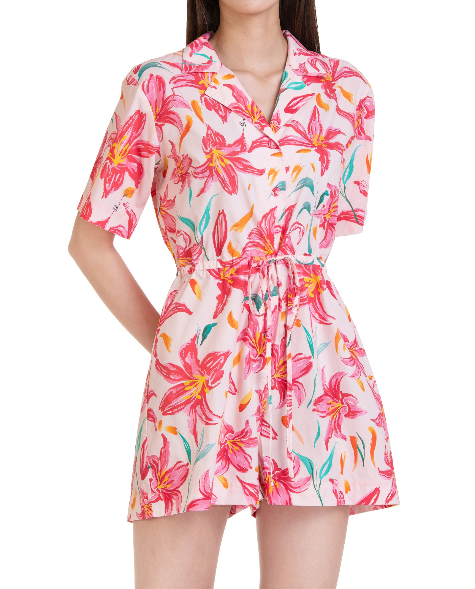Pink Lily Floral Belted Romper