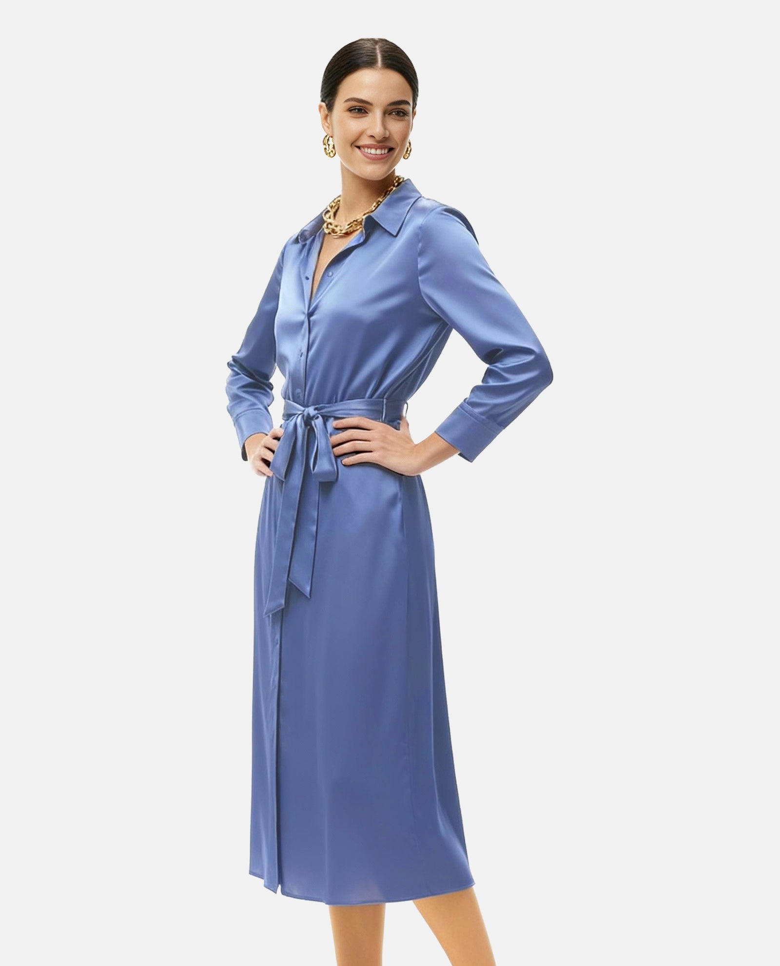 Blue Sateen Midi Dress