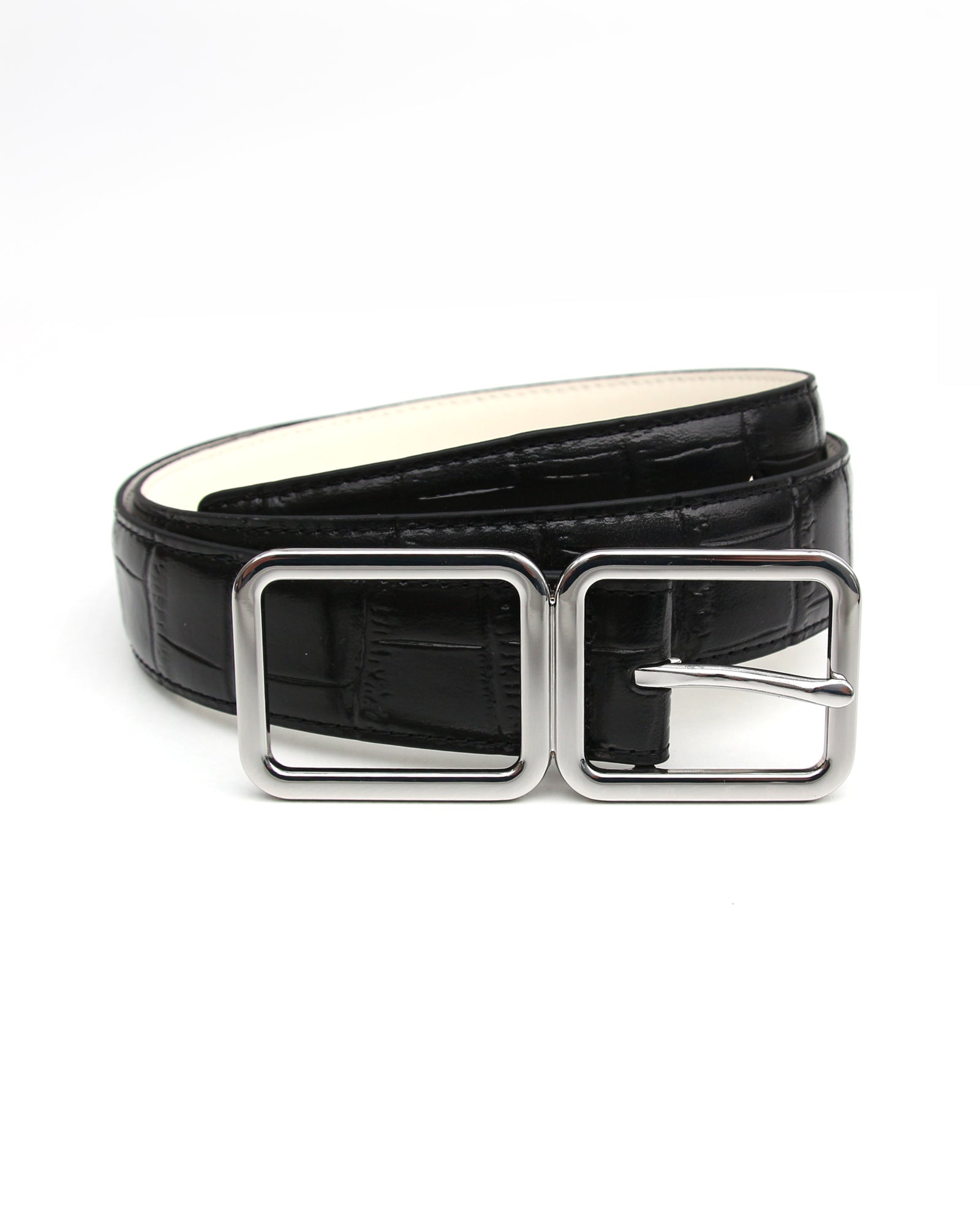 Jet Black Croc Embossed Belt with Silver Buckle