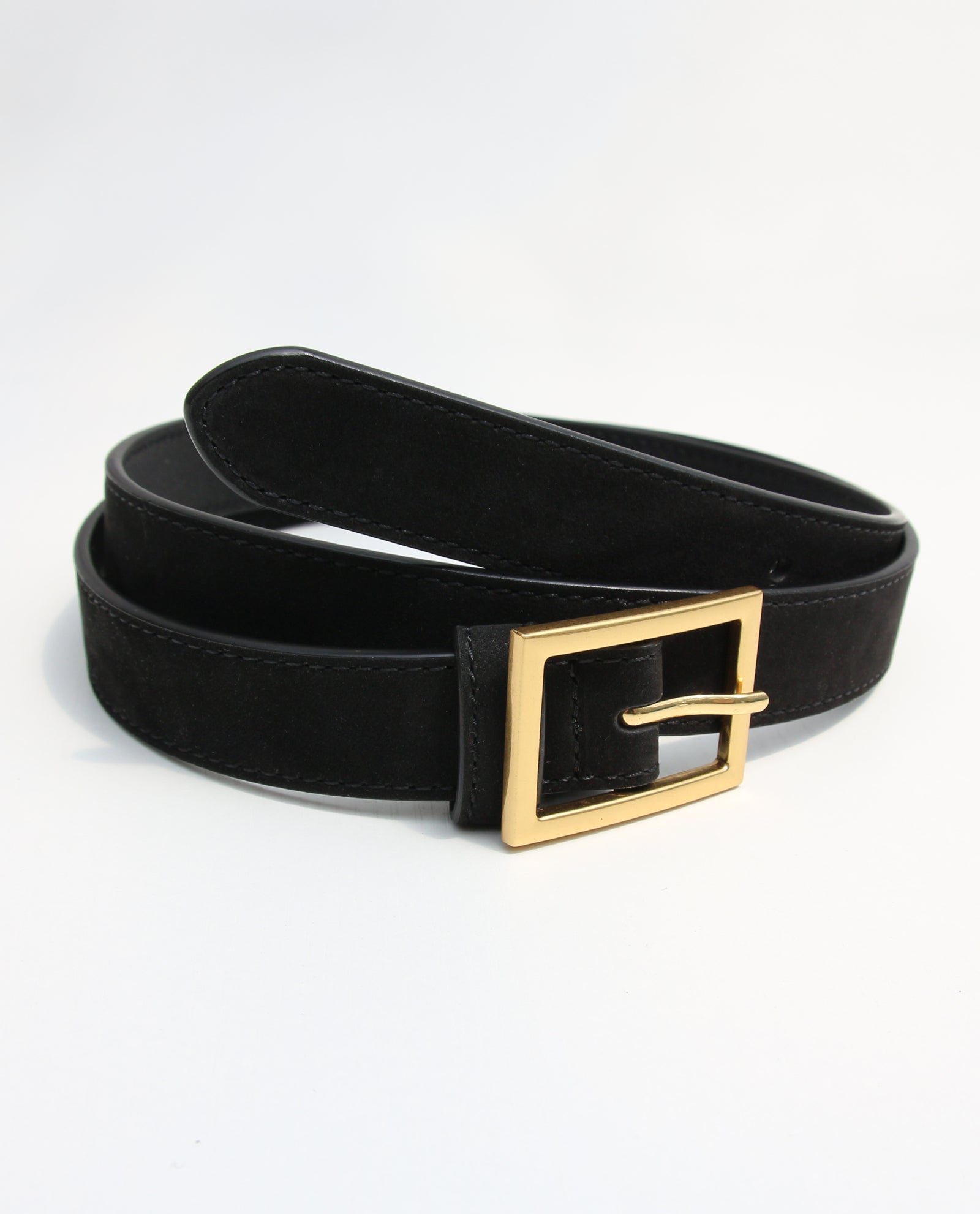 Black Slim Leather Belt with Gold Buckle