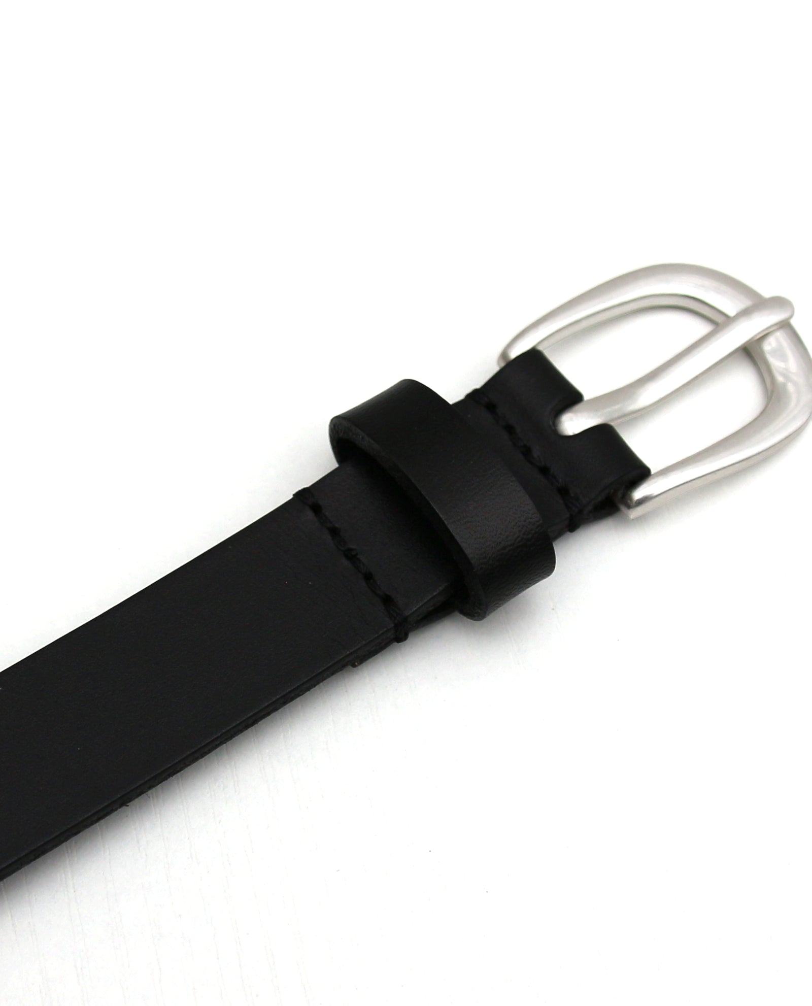 Black Slim Leather Belt with Silver Buckle