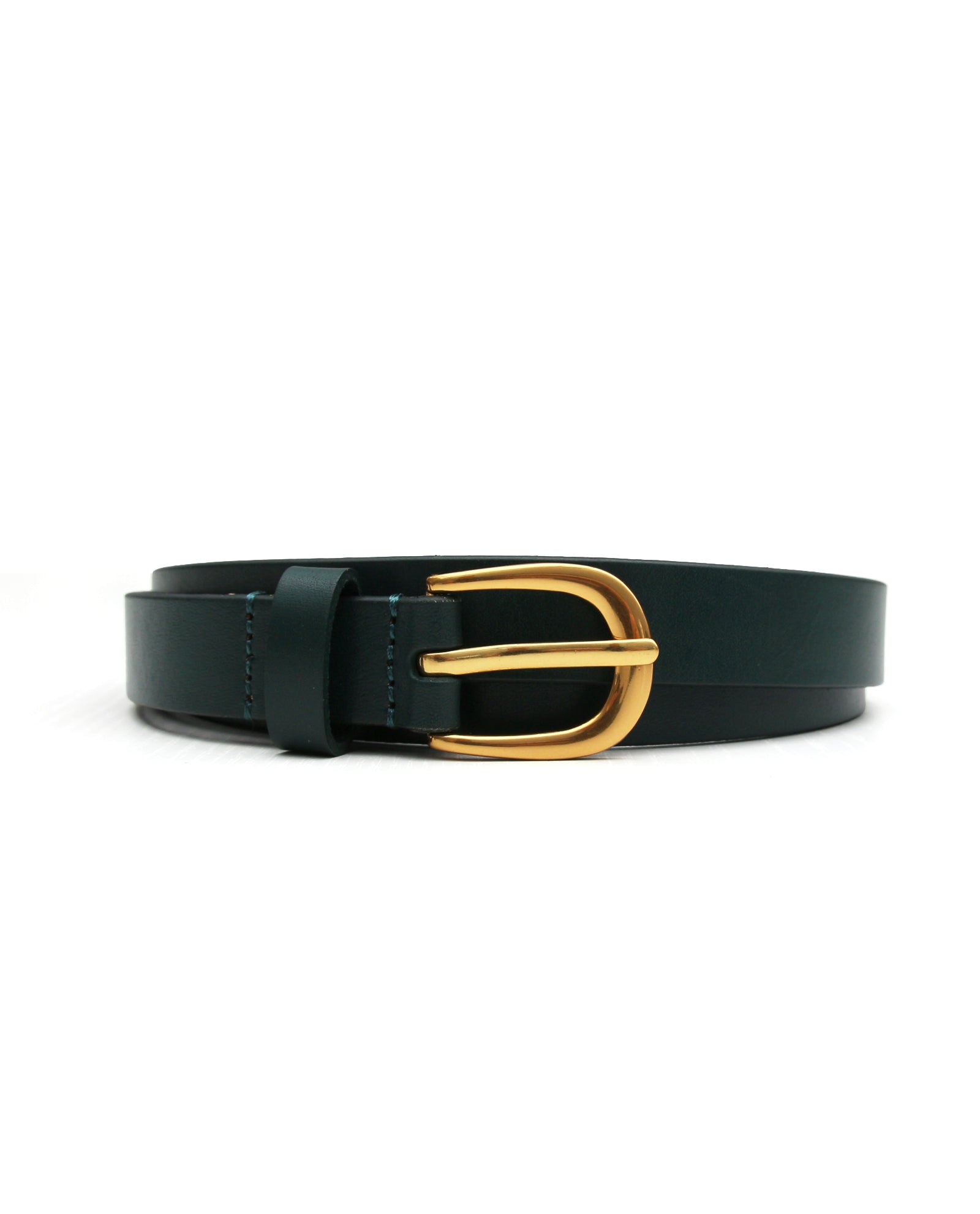 Dark Green Skinny Leather Belt with Gold Buckle