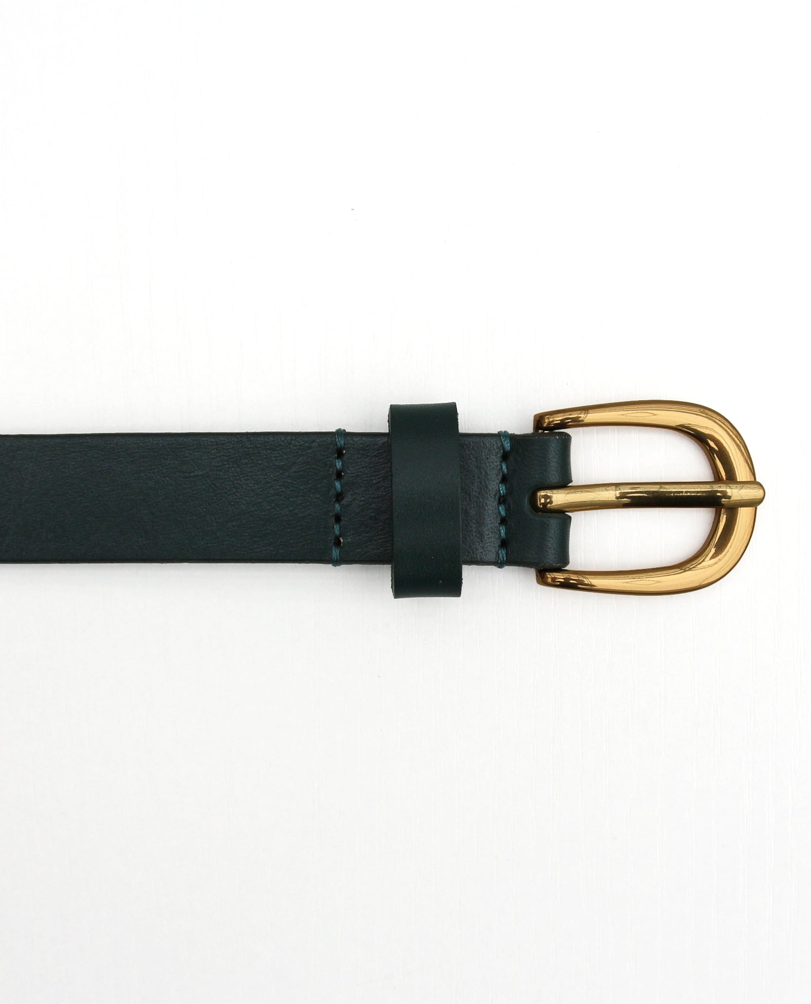 Dark Green Skinny Leather Belt with Gold Buckle