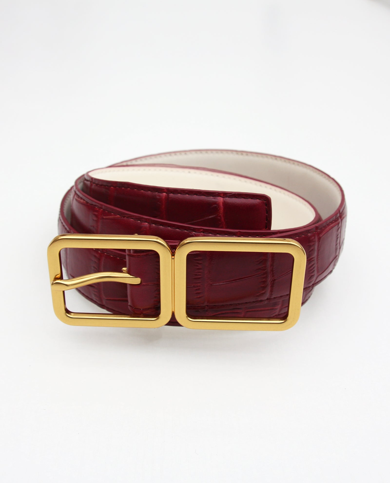 Crimson Red Croc Embossed Belt with Gold Buckle