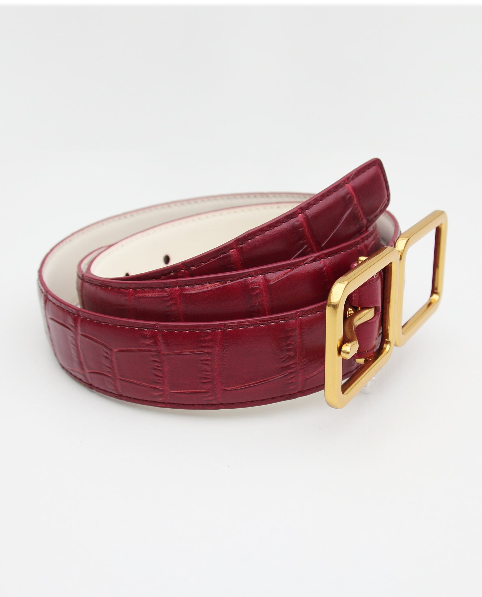 Crimson Red Croc Embossed Belt with Gold Buckle