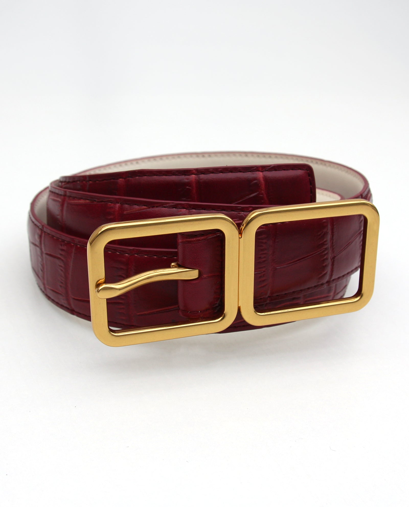 Crimson Red Croc Embossed Belt with Gold Buckle