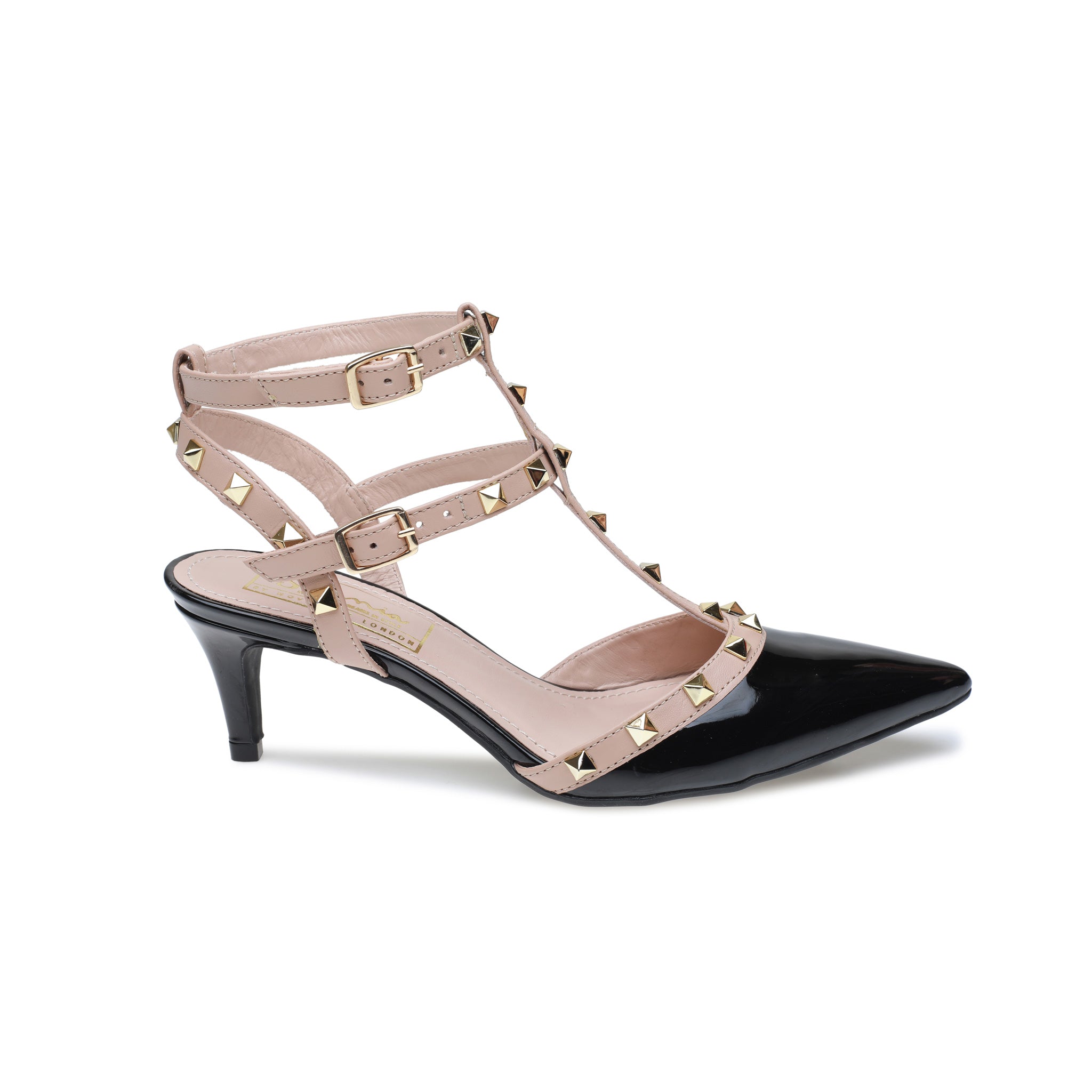 Black and Cream Strappy Kitten Heels