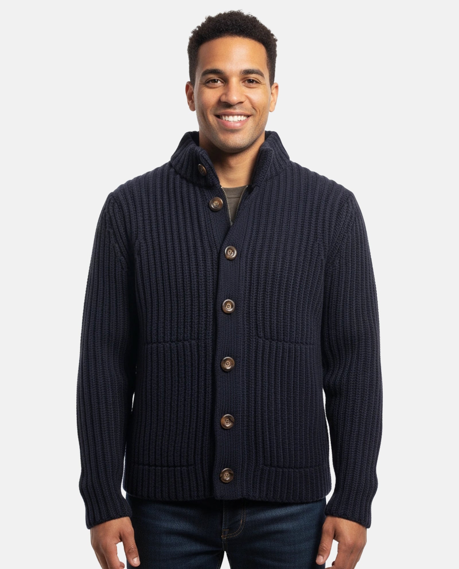 Heavy Lambswool Chunky Knit Cardigan - Navy