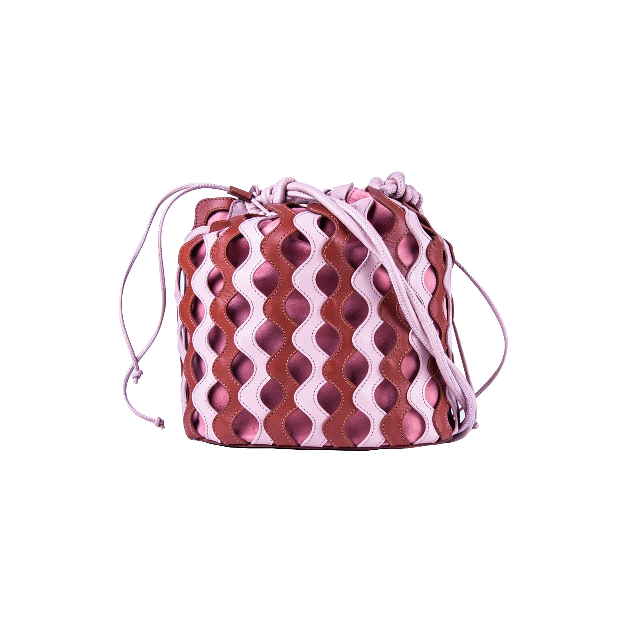 Waves Leather Bucket in Bonfire and Dustypink