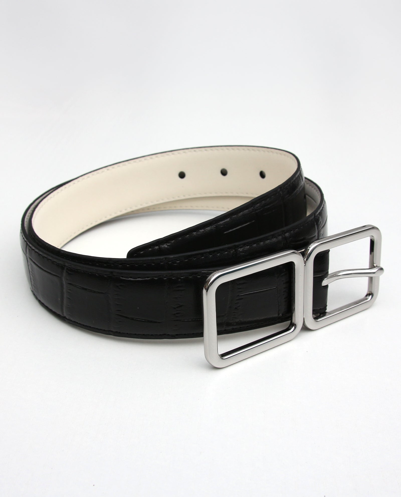 Jet Black Croc Embossed Belt with Silver Buckle