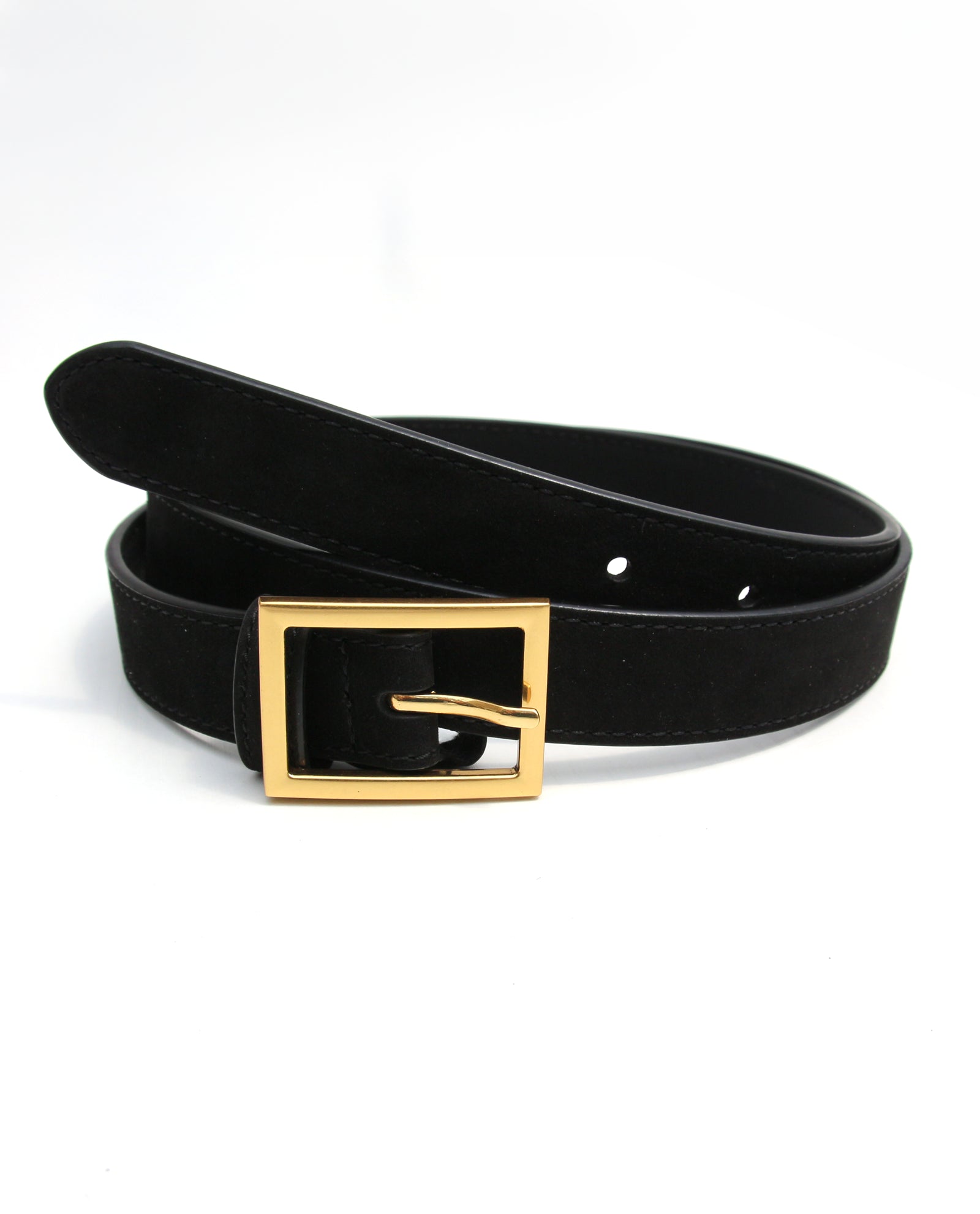 Black Slim Leather Belt with Gold Buckle
