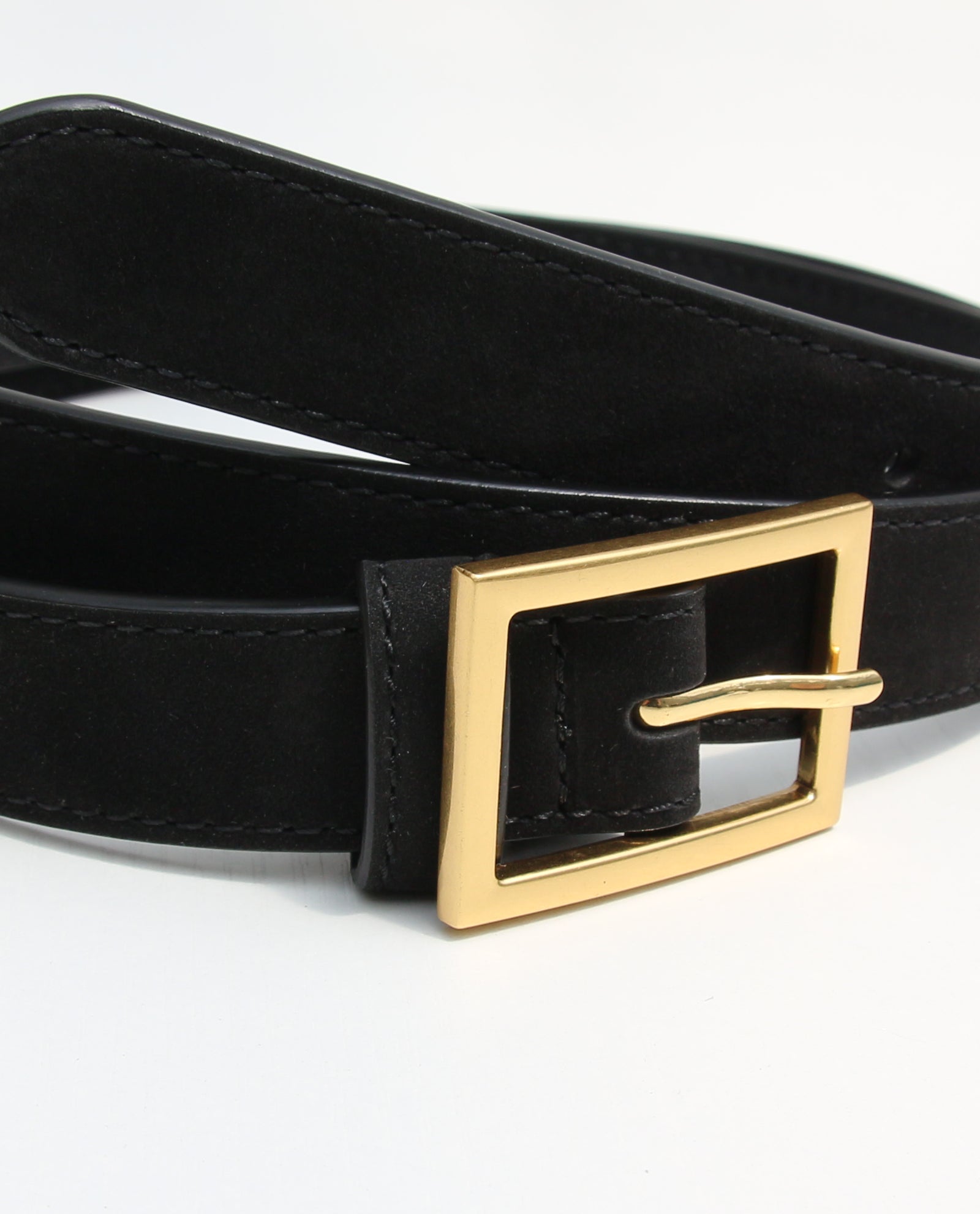Black Slim Leather Belt with Gold Buckle