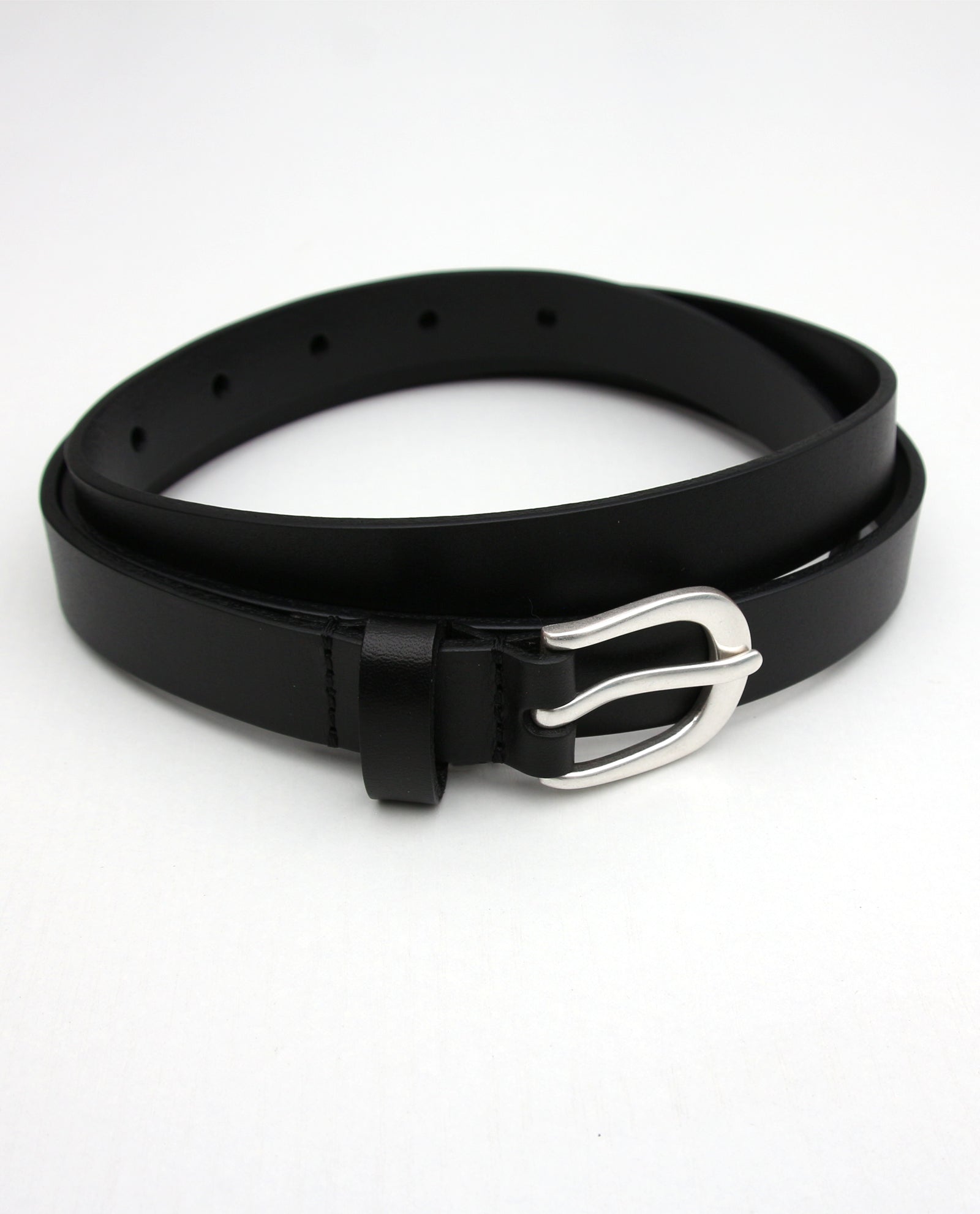 Black Slim Leather Belt with Silver Buckle