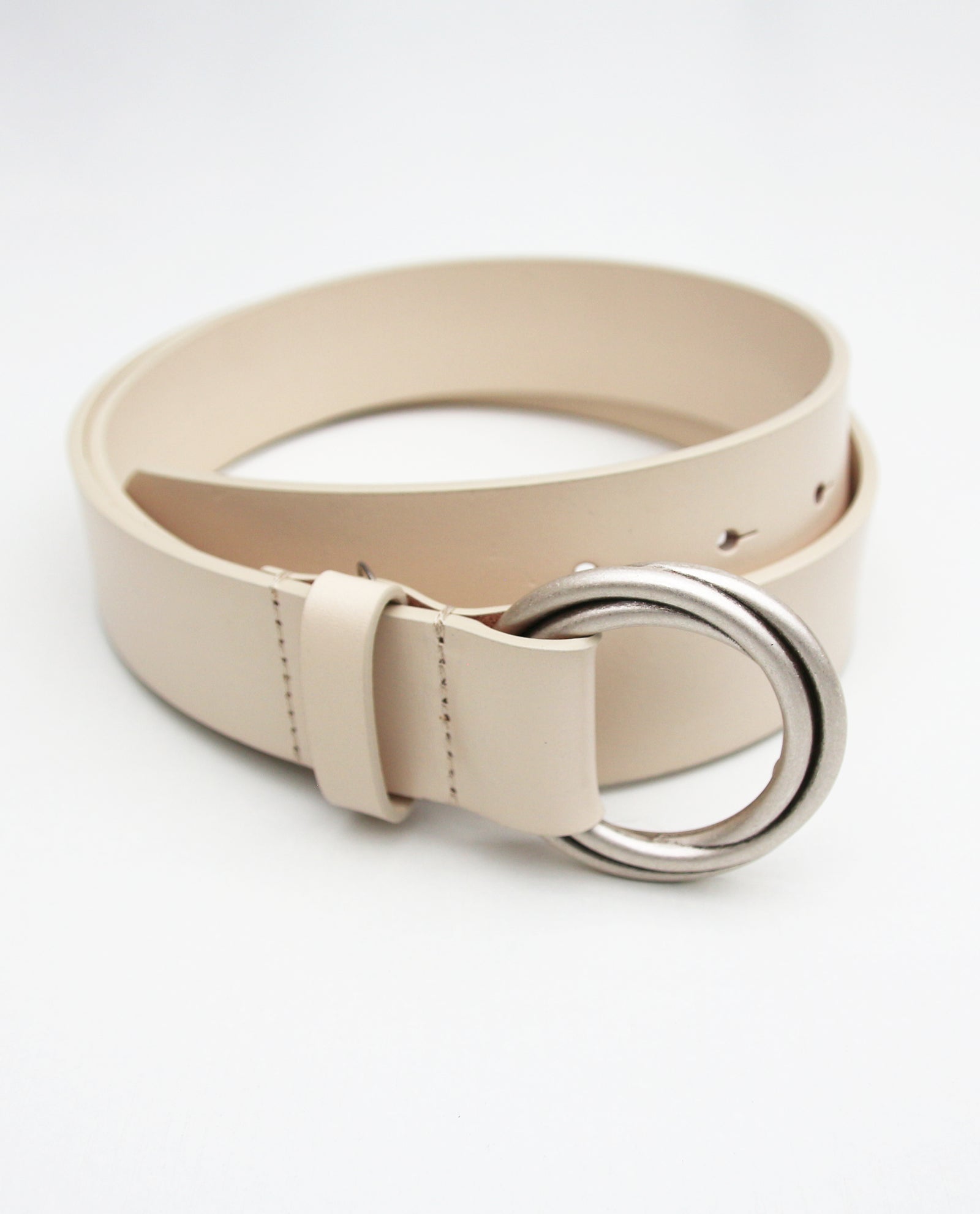 Cream Leather Double Circle Buckle Belt