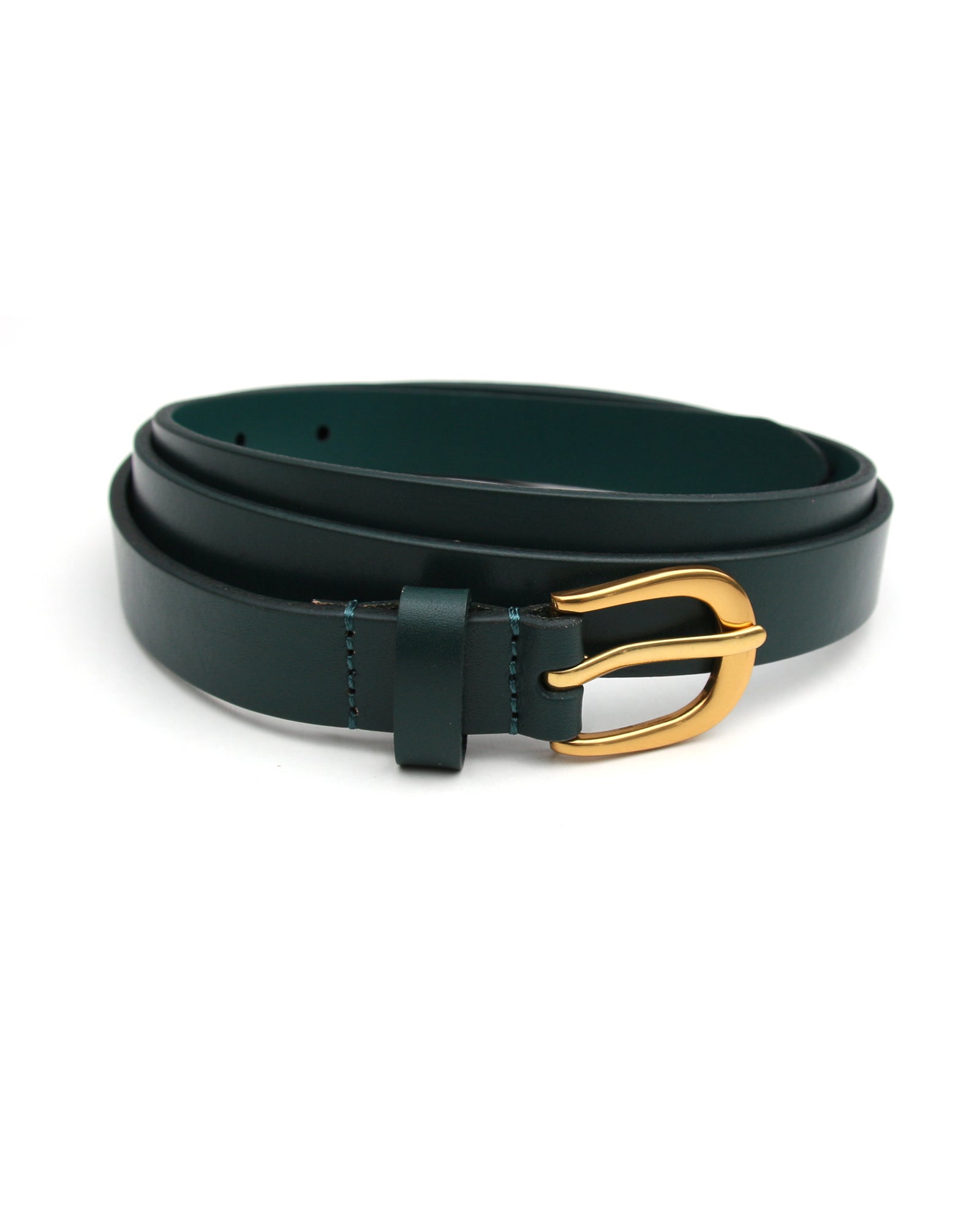 Dark Green Skinny Leather Belt with Gold Buckle