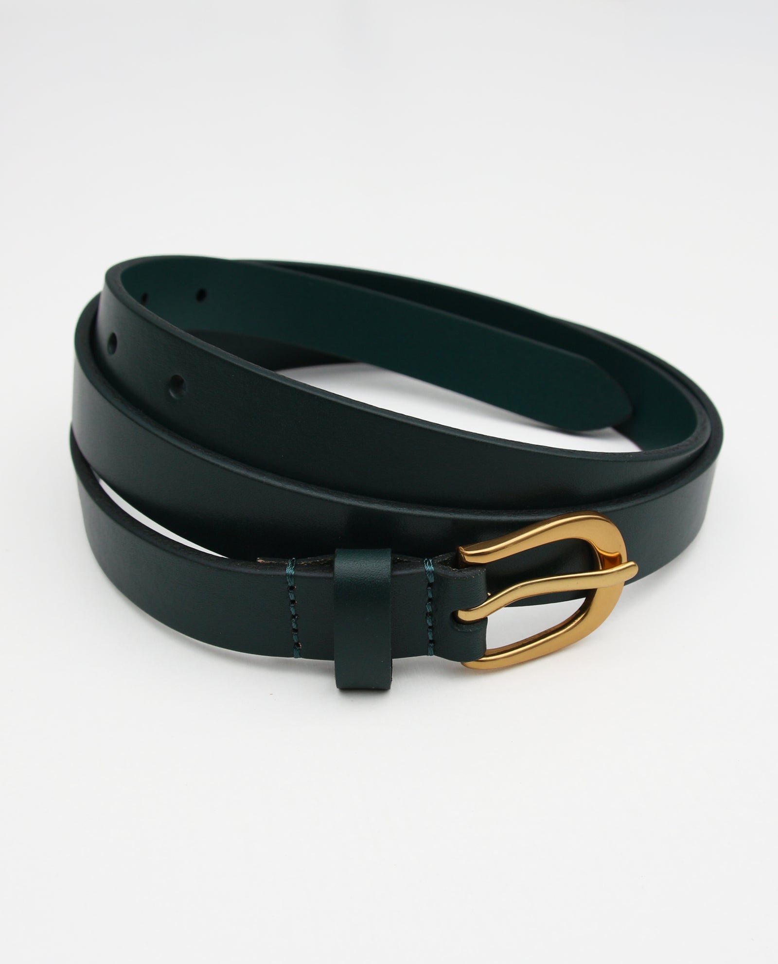 Dark Green Skinny Leather Belt with Gold Buckle