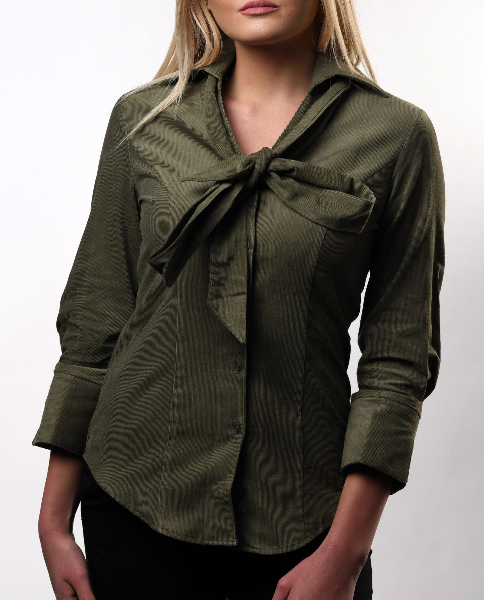 Olive Green V Neck Corduroy Shirt