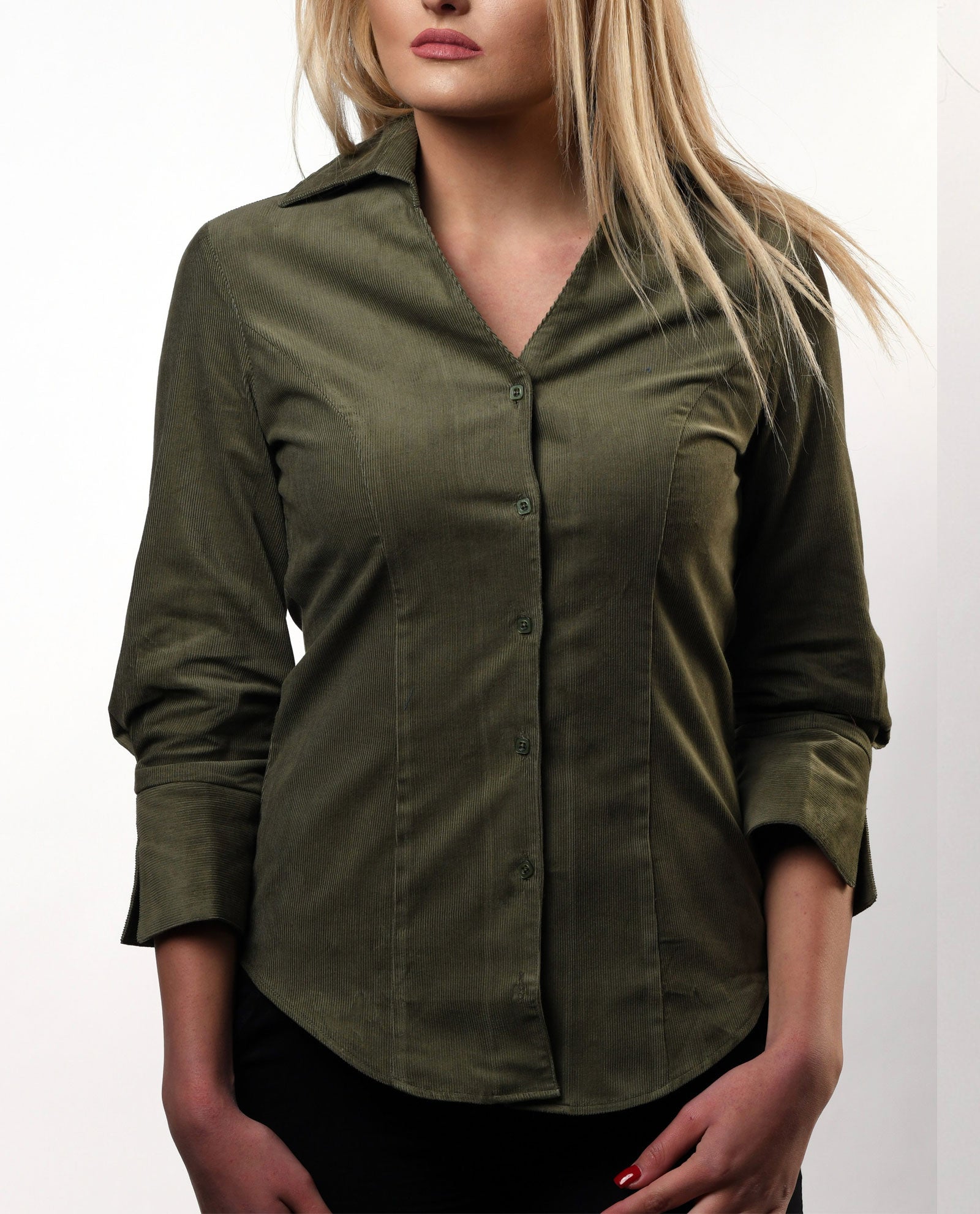 Olive Green V Neck Corduroy Shirt